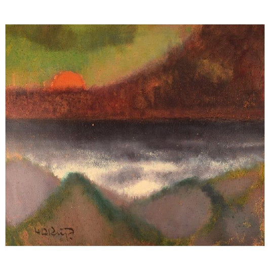 Modernist Landscape with Sunset Oil on Board by Knud Horup, Denmark, 1960s