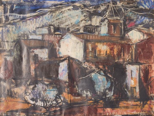 Modernist Painting of a Town, Mid 20th-Century, Mixed Media on Board, Framed-AOI-1106768