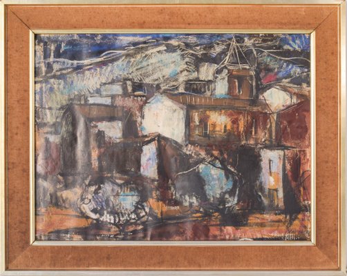 Modernist Painting of a Town, Mid 20th-Century, Mixed Media on Board, Framed-AOI-1106768