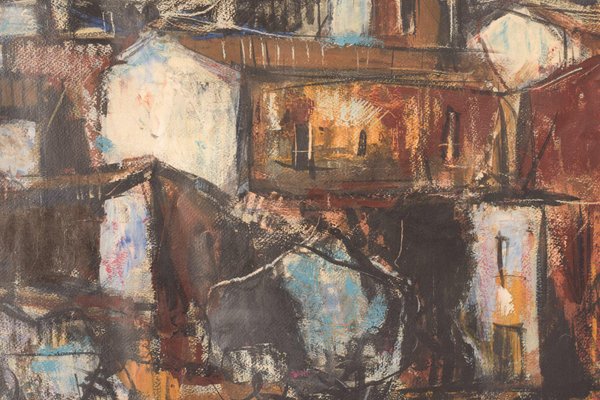 Modernist Painting of a Town, Mid 20th-Century, Mixed Media on Board, Framed-AOI-1106768