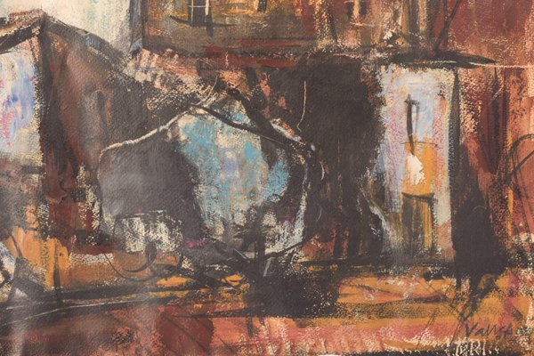 Modernist Painting of a Town, Mid 20th-Century, Mixed Media on Board, Framed-AOI-1106768