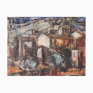 Modernist Painting of a Town, Mid 20th-Century, Mixed Media on Board, Framed-AOI-1106768