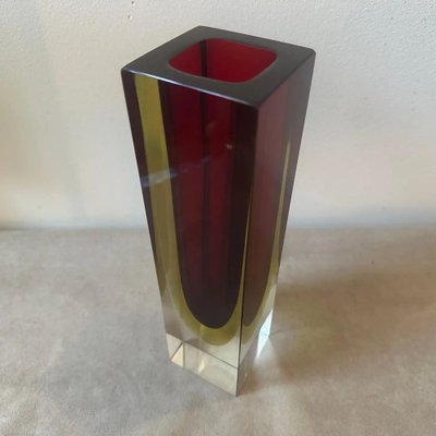 Modernist Red and Yellow Sommerso Murano Glass Square Vase attributed to Seguso, 1960s-NMK-1797624