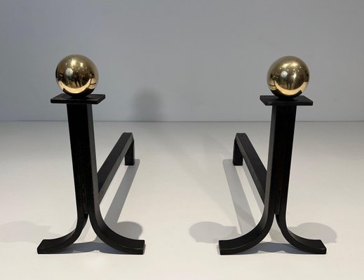 Modernist Steel Chenets in Brass and Wrought Iron in the style of Jacques Adnet, 1970s, Set of 2-BA-1786664