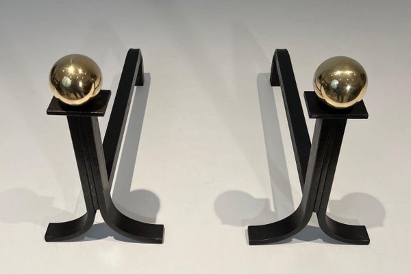 Modernist Steel Chenets in Brass and Wrought Iron in the style of Jacques Adnet, 1970s, Set of 2-BA-1786664