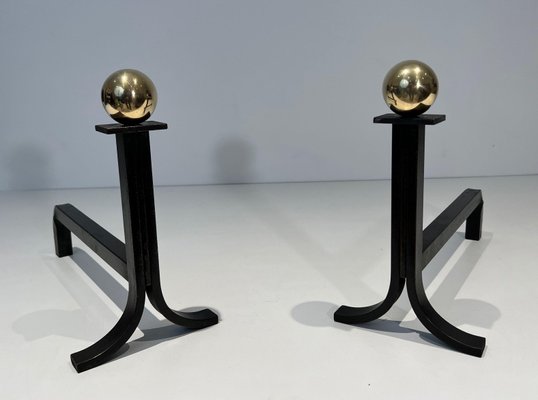 Modernist Steel Chenets in Brass and Wrought Iron in the style of Jacques Adnet, 1970s, Set of 2-BA-1786664