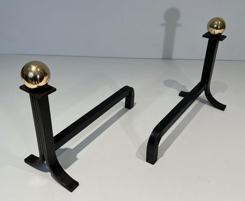 Modernist Steel Chenets in Brass and Wrought Iron in the style of Jacques Adnet, 1970s, Set of 2-BA-1786664