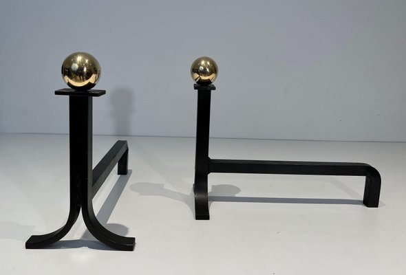 Modernist Steel Chenets in Brass and Wrought Iron in the style of Jacques Adnet, 1970s, Set of 2-BA-1786664