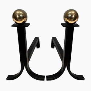 Modernist Steel Chenets in Brass and Wrought Iron in the style of Jacques Adnet, 1970s, Set of 2-BA-1786664