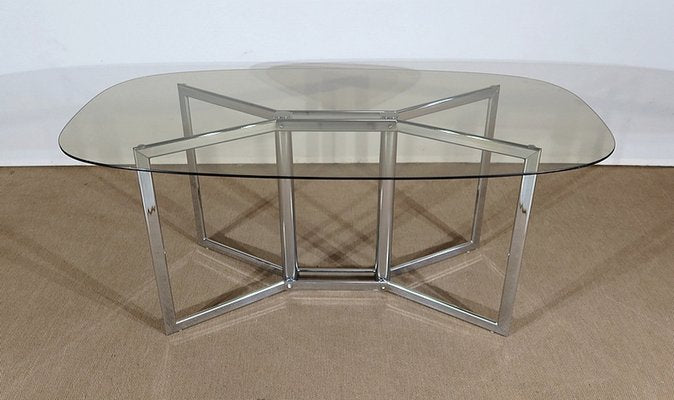 Modernist Table in Chromed Metal and Smoked Glass, 1970s-RVK-1266422