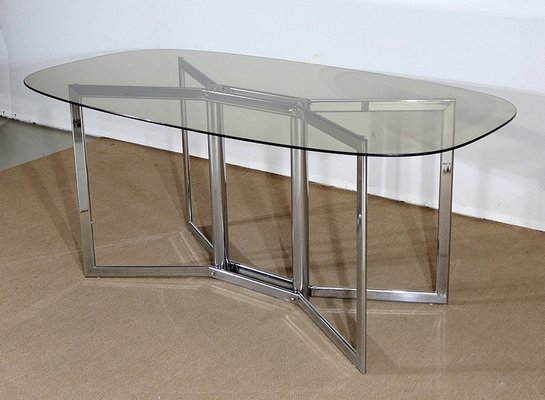 Modernist Table in Chromed Metal and Smoked Glass, 1970s-RVK-1266422