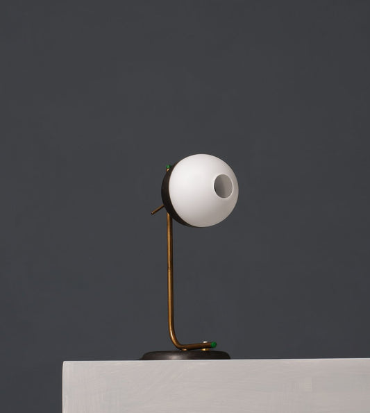 Modernist Table Lamp in Brass and Iron with Central Hole Opaline Glass, 1950s