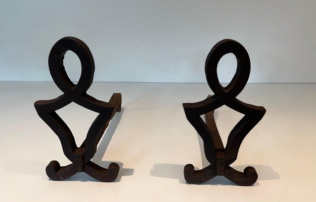 Modernized and Wrought Iron Chenets in the style of Raymond Subes, 1940s, Set of 2-BA-1777323