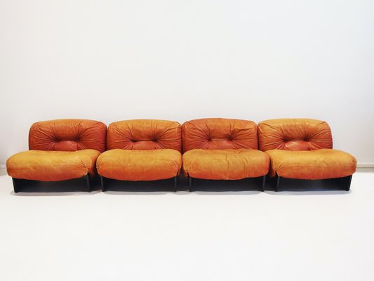 Modular Lounge Chairs Upholstered in Cognac Leather from Giuseppe Munari, 1970s, Set of 4-ZYF-1770332