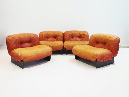 Modular Lounge Chairs Upholstered in Cognac Leather from Giuseppe Munari, 1970s, Set of 4-ZYF-1770332