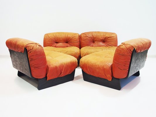 Modular Lounge Chairs Upholstered in Cognac Leather from Giuseppe Munari, 1970s, Set of 4-ZYF-1770332