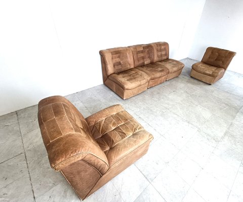 Modular Sofa in Brown Patchwork Leather, 1970s, Set of 5-IRH-1787451