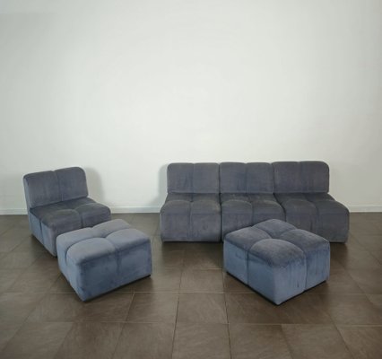 Modular Sofa with Poufs in Smooth Velvet, Italy, 1970s, Set of 6-ZST-1722562