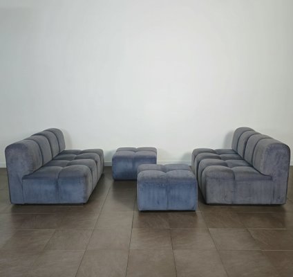 Modular Sofa with Poufs in Smooth Velvet, Italy, 1970s, Set of 6-ZST-1722562