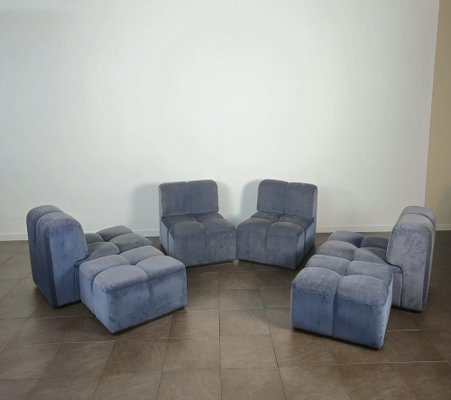 Modular Sofa with Poufs in Smooth Velvet, Italy, 1970s, Set of 6-ZST-1722562