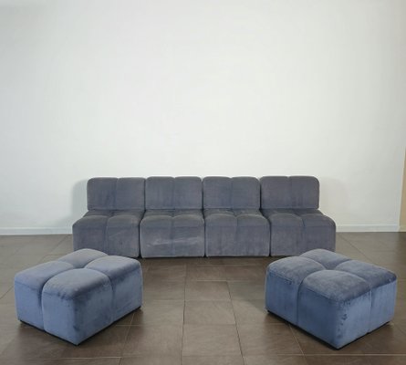 Modular Sofa with Poufs in Smooth Velvet, Italy, 1970s, Set of 6-ZST-1722562