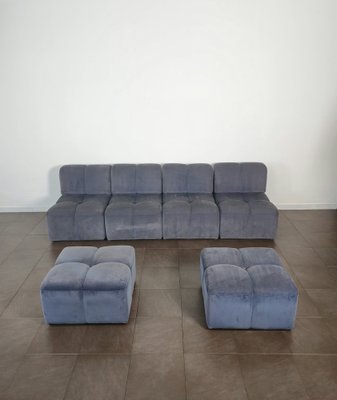 Modular Sofa with Poufs in Smooth Velvet, Italy, 1970s, Set of 6-ZST-1722562