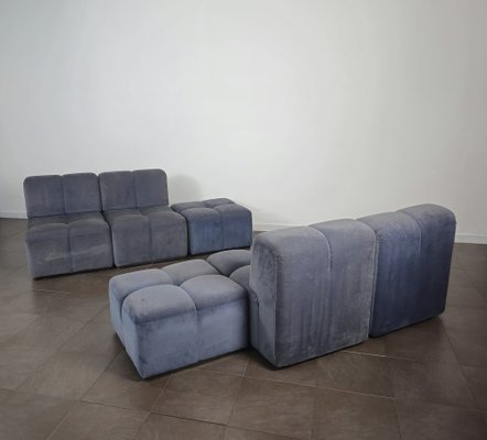 Modular Sofa with Poufs in Smooth Velvet, Italy, 1970s, Set of 6-ZST-1722562