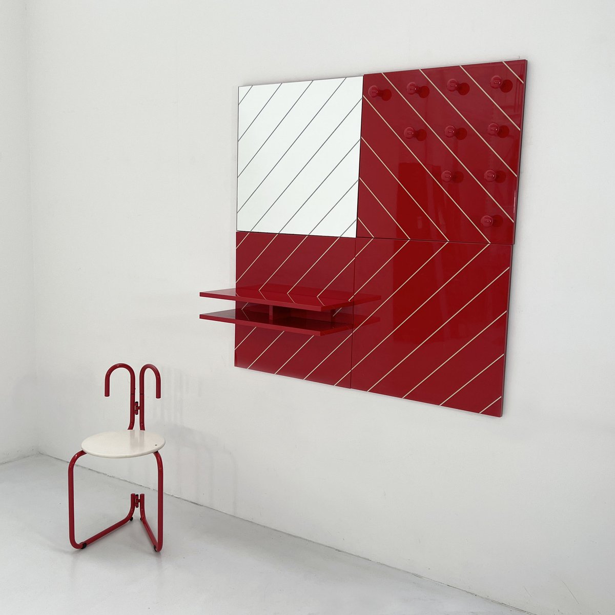 Modular Striped Mirror, Coat Rack & Shelf Entryway Ensemble, 1980s