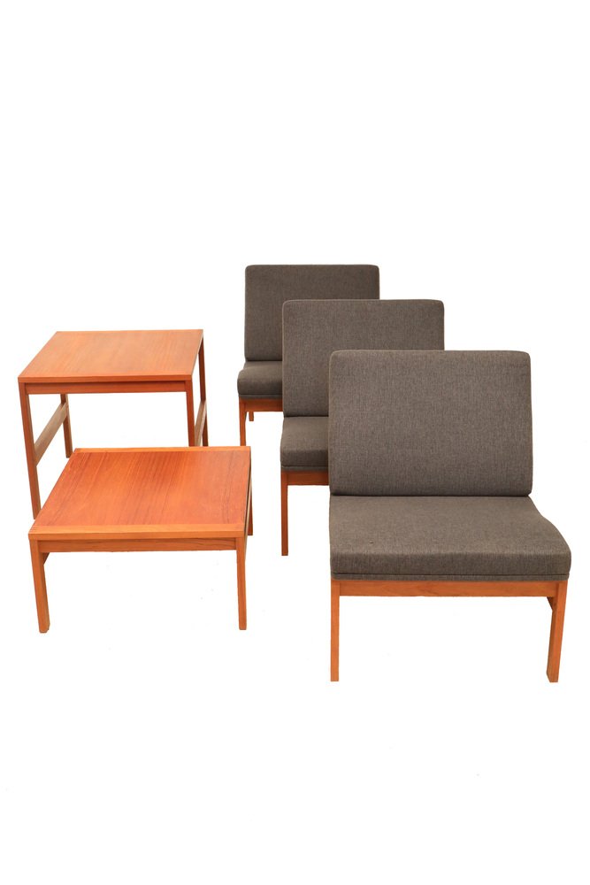 Modular Teak Lounge Chairs with Side Tables by Ole Gjerløv Knudsen & Torben Lind for France & Søn, 1960s, Set of 5