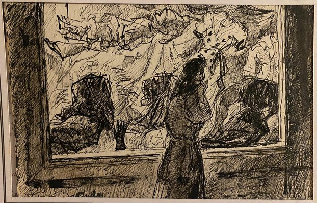 Mogniat-Duclos Bertrand, Figures In the Museum, Original Pen on Paper, 1950s-ZCI-871636