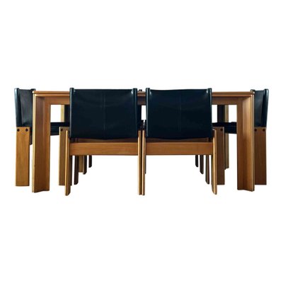 Monk Dining Chairs and Table in Black Leather and Beech by Tobia & Afra Scarpa for Molteni, 1973, Set of 7-RPH-979361