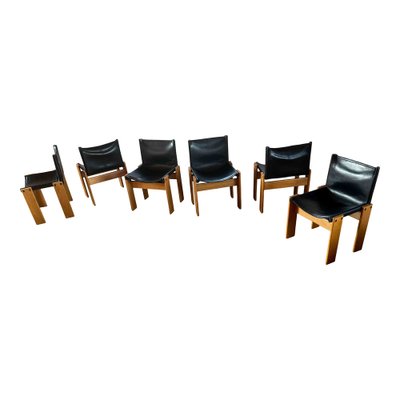 Monk Dining Chairs and Table in Black Leather and Beech by Tobia & Afra Scarpa for Molteni, 1973, Set of 7-RPH-979361