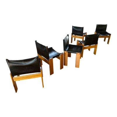 Monk Dining Chairs and Table in Black Leather and Beech by Tobia & Afra Scarpa for Molteni, 1973, Set of 7-RPH-979361