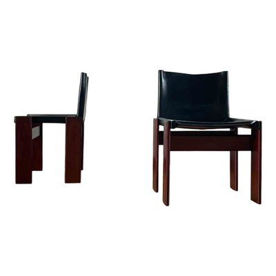 Monk Dining Chairs in Black Leather and Walnut by Afra and Tobia Scarpa for Molteni, 1973, Set of 8-RPH-988020