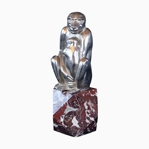 Monkey with Young Sculpture on Red Marble Socket-CXC-1229028