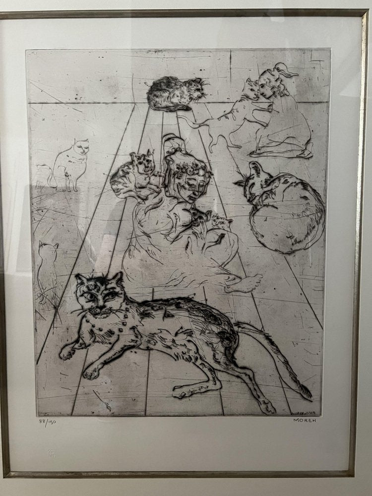 Moreh Mordecai, Woman with Cats, 20th Century, Engraving, Framed