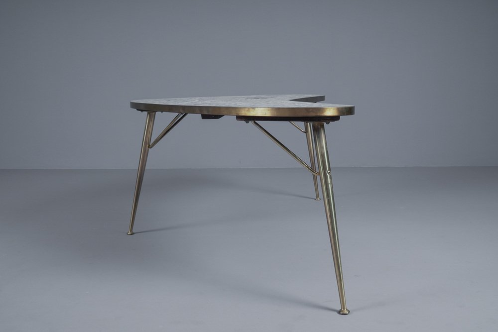 Mosaic and Brass Boomerang Coffee Table by Berthold Müller-Oerlinghausen, Germany, 1950s