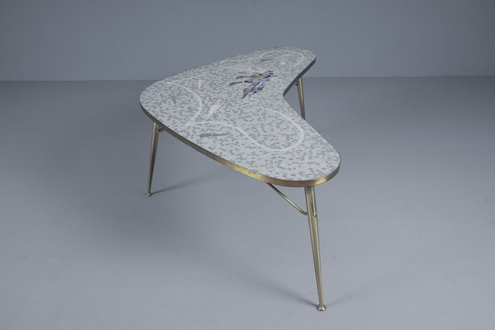 Mosaic and Brass Boomerang Coffee Table by Berthold Müller-Oerlinghausen, Germany, 1950s