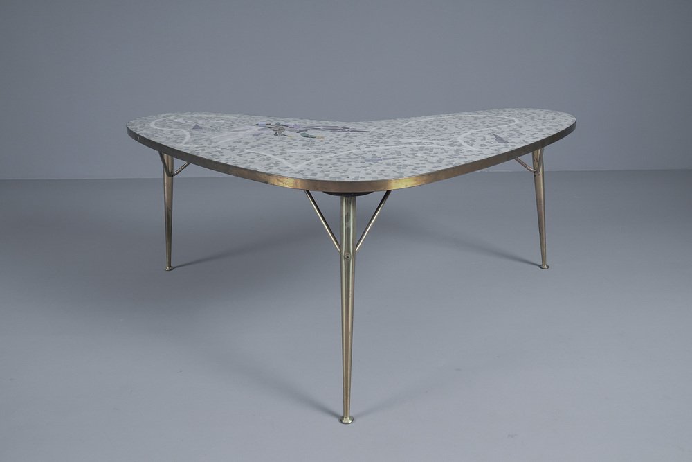 Mosaic and Brass Boomerang Coffee Table by Berthold Müller-Oerlinghausen, Germany, 1950s