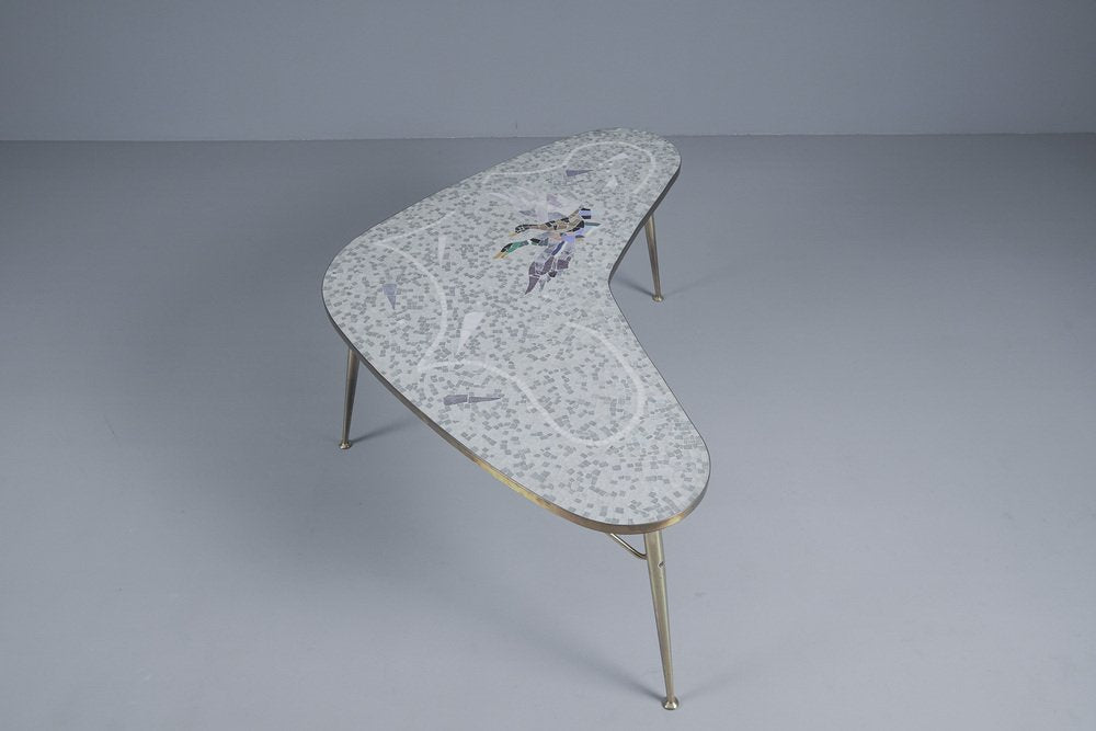 Mosaic and Brass Boomerang Coffee Table by Berthold Müller-Oerlinghausen, Germany, 1950s