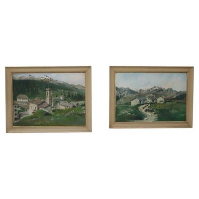 Mountain Landscapes, Oil Painting on Plywood, Framed, Set of 2-DCO-2032349