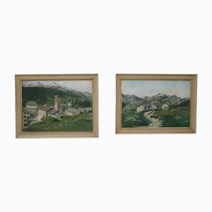 Mountain Landscapes, Oil Painting on Plywood, Framed, Set of 2-DCO-2032349