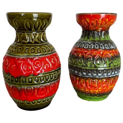 Multi-Color Fat Lava Op Art Pottery Vase attributed to Bay Ceramics, Germany, 1970s, Set of 2-QZ-1374635