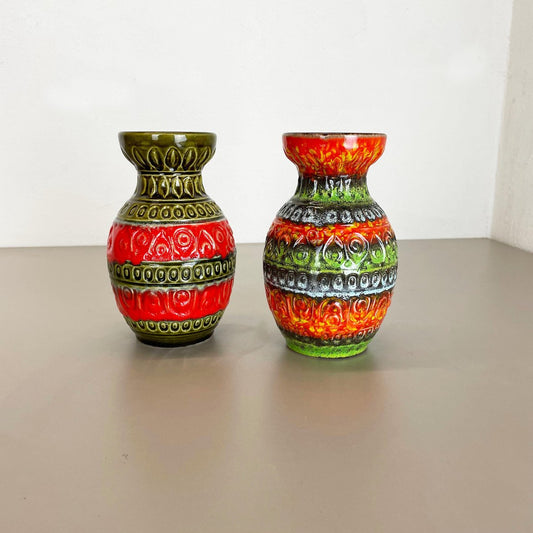 Multi-Color Fat Lava Op Art Pottery Vase attributed to Bay Ceramics, Germany, 1970s, Set of 2