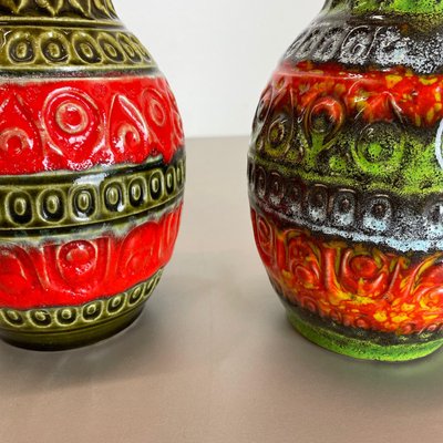 Multi-Color Fat Lava Op Art Pottery Vase attributed to Bay Ceramics, Germany, 1970s, Set of 2-QZ-1374635