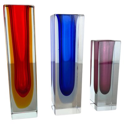 Multicolor Faceted Murano Glass Sommerso Cube Vases, Italy, 1970s, Set of 3-QZ-1428331