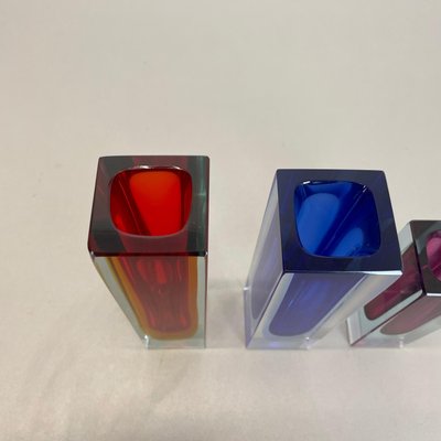 Multicolor Faceted Murano Glass Sommerso Cube Vases, Italy, 1970s, Set of 3-QZ-1428331