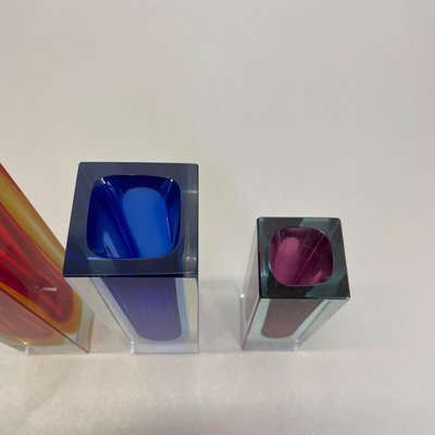 Multicolor Faceted Murano Glass Sommerso Cube Vases, Italy, 1970s, Set of 3-QZ-1428331