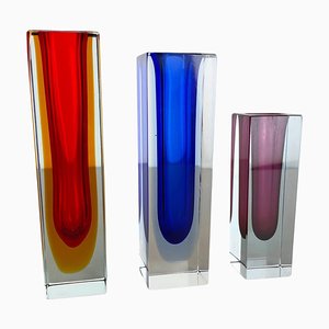 Multicolor Faceted Murano Glass Sommerso Cube Vases, Italy, 1970s, Set of 3-QZ-1428331