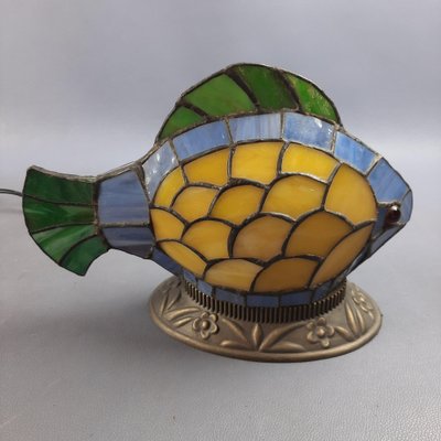 Multicolored Leaded Glass Fish Table Lamp with Brass Base, 1970s-PWG-2041259